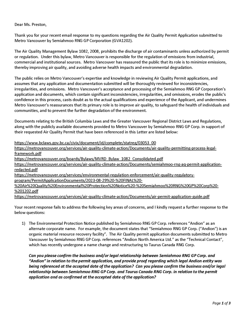 Semiahmoo Andion RNG Biogas Project Air Quality Concerns Letter 3.0