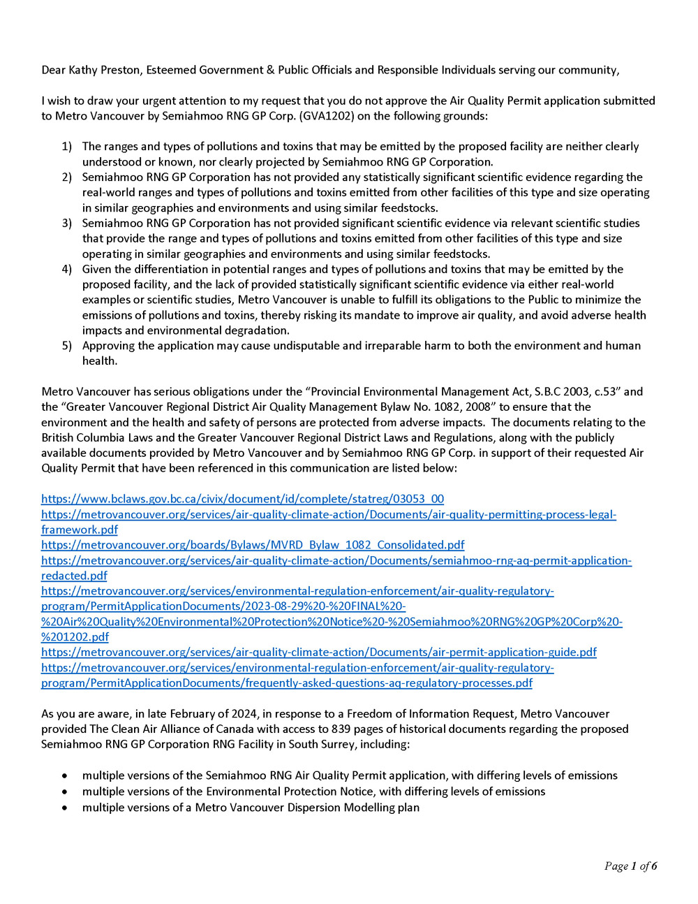 Semiahmoo Andion RNG Biogas Project Air Quality Concerns Letter 4.0